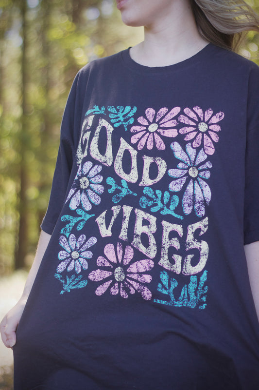 Good Vibes Floral Vintage Graphic Oversized Tee